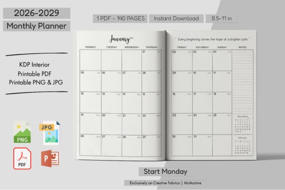 2026–2029 Monthly Planner Start Monday